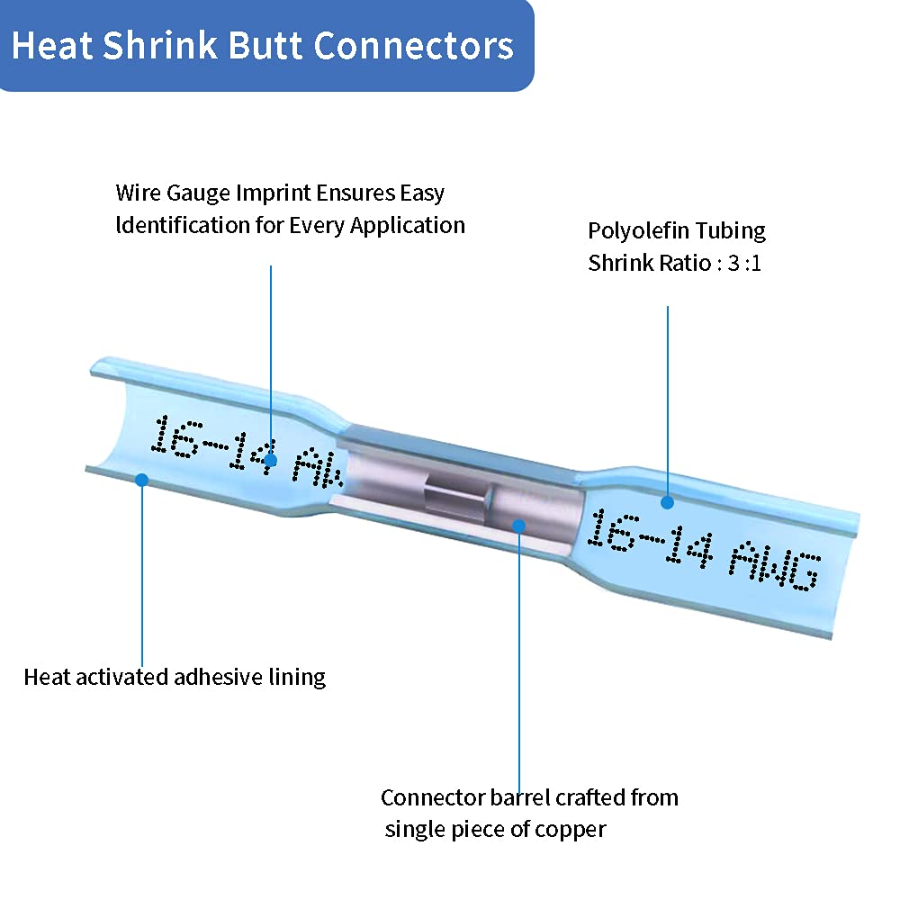 Heat Shrink Butt Connectors, 16-14 AWG 100Pcs Blue Waterproof Electrical Crimp Wire Splice for Marine, Cable, Wiring
