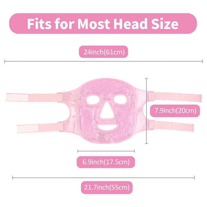 Ice Face Masks for Women, Hot Cold Therapy Gel Bead Full Facial Gel Mask Cold Eye Pack with Eye Hole & Plush Backing for Migraine Headache, Stress Relief - Pink