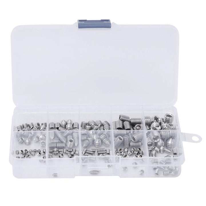 Allen Head Socket Hex Grub Screw Cone Point Set Screw Metric 304 Stainless Steel Set Screws Bolts Assortment Kit M3 M4 M5 M6 M8 with Storage Box