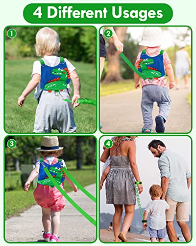 Toddler Leash for Boys, 4-in-1 Toddler Harness with Leash with Anti Lost Wrist Link for Kids, Baby Leash for Walking, Kids Leash Backpack (Dinosaur Blue)