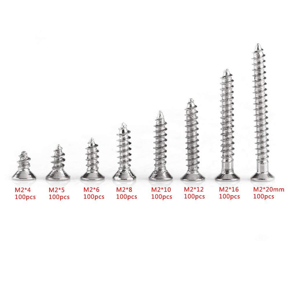 800pcs M2 Flat Head Screws Cross Drive Flat Head Self Tapping Screws Woodworking Fastener with Box