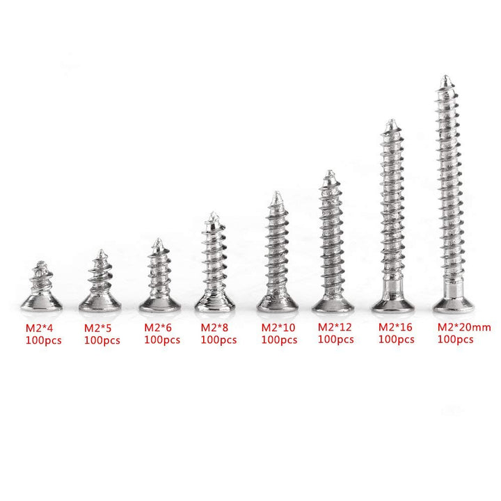 800pcs M2 Flat Head Screws Cross Drive Flat Head Self Tapping Screws Woodworking Fastener with Box