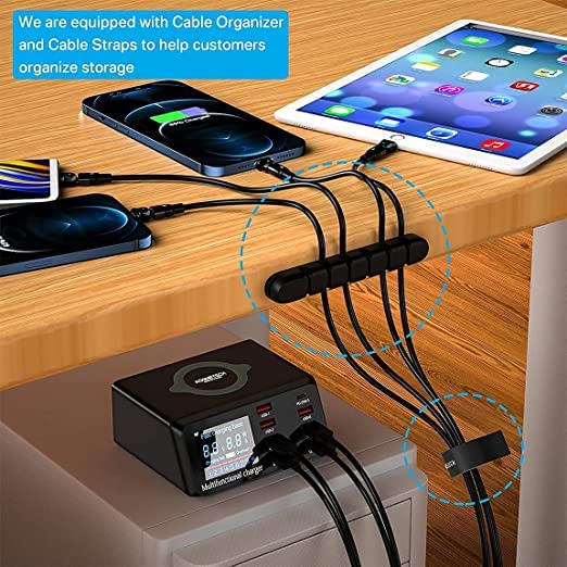 USB Charger Hub 100W 8-Port Desktop Multiple USB Charging Station with PD Port, Quick Charge 3.0 USB Port, Wireless Charger, LCD Display Fast USB C Charger for iPhone 12, Tablet and More