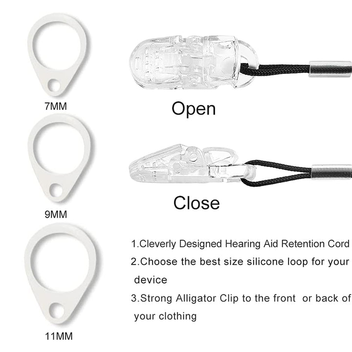 BTE Hearing Aid Clips Otoclip for Adults and Kids with 7mm 9mm 11mm Silicone Loops for BTE Hearing aids and Anti Lost Lanyard Cord and Carry case (Gray)