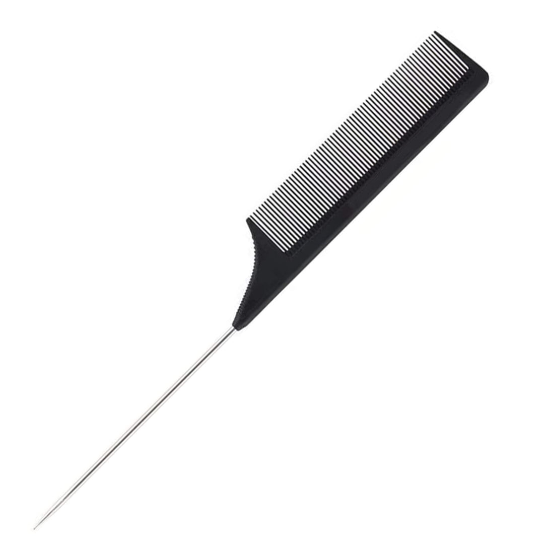 1 Pack Professional Carbon Steel Tail Combs Heat Resistant with Metal Pick, Anti Static Black Styling Rat Tail Hair Comb Fine Teeth, Metal Pintail Teasing Comb Brush