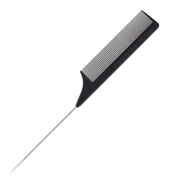 1 Pack Professional Carbon Steel Tail Combs Heat Resistant with Metal Pick, Anti Static Black Styling Rat Tail Hair Comb Fine Teeth, Metal Pintail Teasing Comb Brush