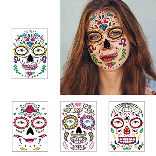 Halloween Temporary Face Tattoos Makeup Kit (13 Pack), Day of the Dead Sugar Skull Floral Black Skeleton Web Red Roses Full Face Mask Stickers Tattoo Families Party Supplies