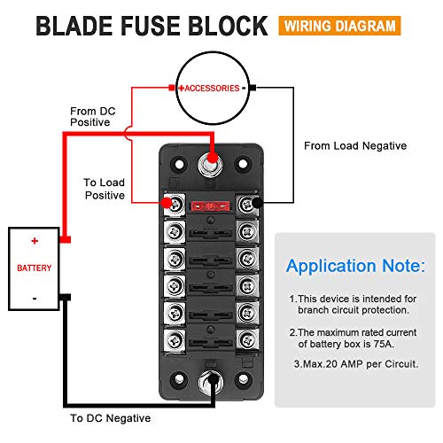 6 Way Fuse Block Blade Fuse Box with Negative Bus, 6 Circuit Fuse Holder Fuse Block w/Negative Bus, Waterproof Protection Cover Sticker Labels for 12V/24V Automotive Car Truck Boat Marine RV