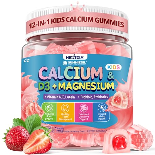 Kids Calcium Gummies + D3 & Magnesium for 4+, with Calcium Citrate Calcium Gluconate, Calcium Lactate, Probiotics & Prebiotics for Children Bone Health,Muscle Support,Digestive Health,Sugar Free 60Cts