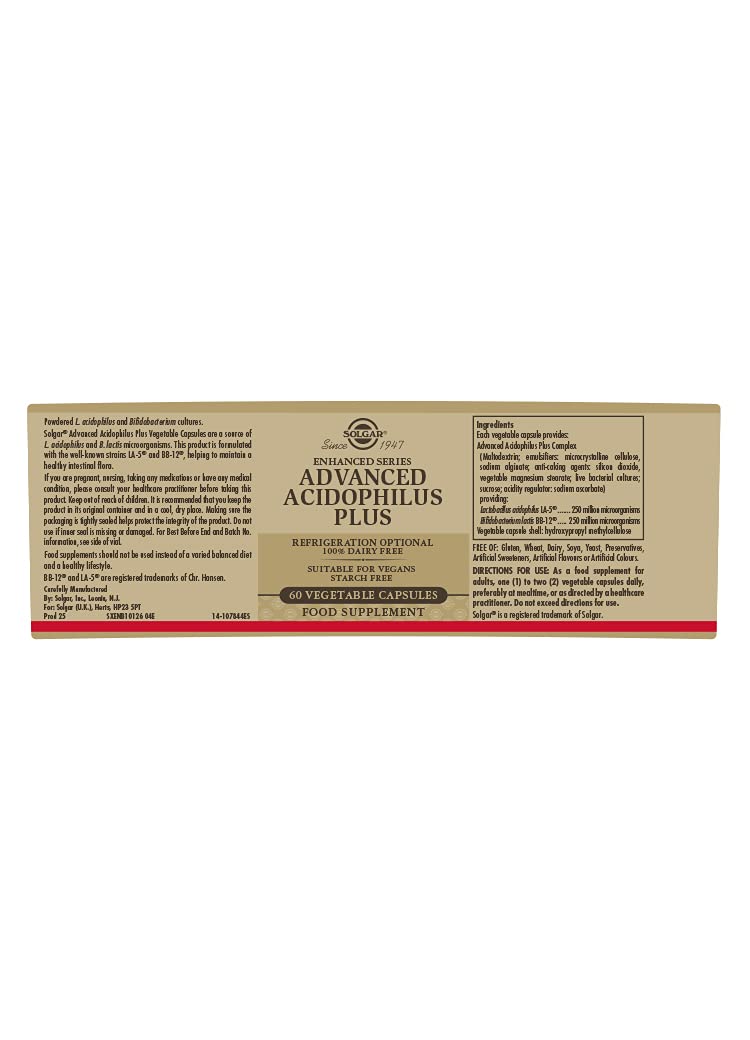 Solgar Advanced Acidophilus Plus, 60 Vegetable Capsules - Supports Healthy Intestinal Flora - 500 Million Microorganisms Per Serving - Gluten & Dairy Free - Vegetarian - 60 Servings