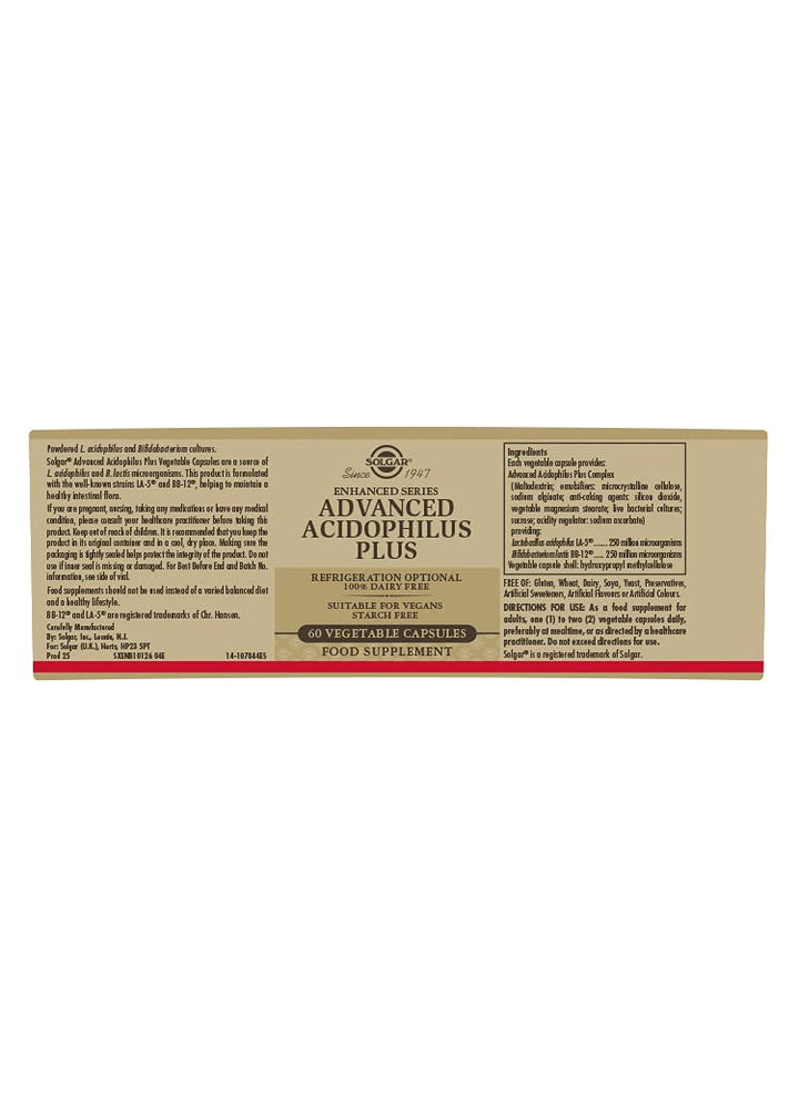 Solgar Advanced Acidophilus Plus, 60 Vegetable Capsules - Supports Healthy Intestinal Flora - 500 Million Microorganisms Per Serving - Gluten & Dairy Free - Vegetarian - 60 Servings