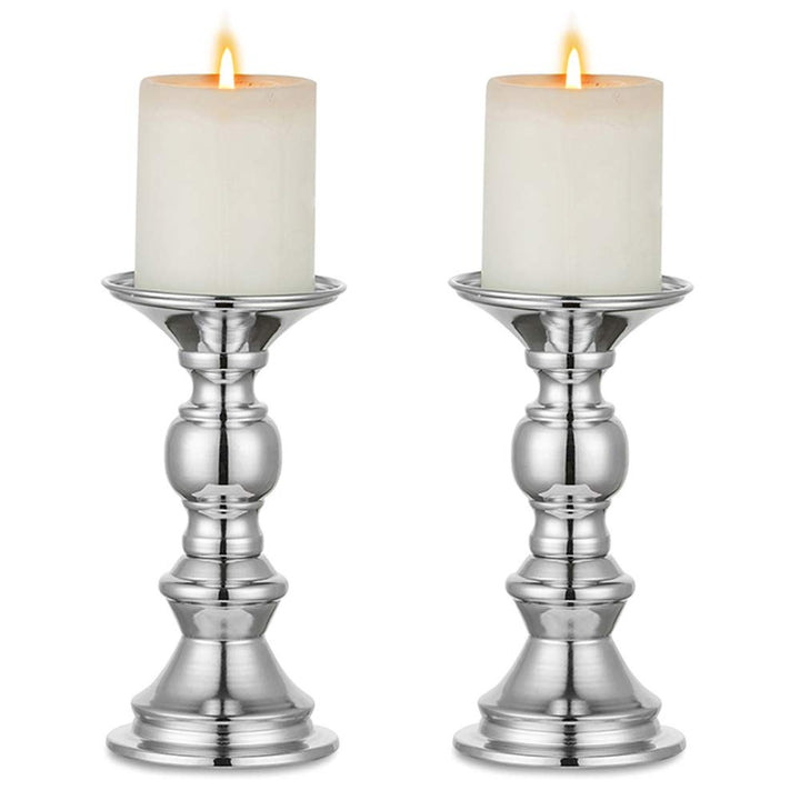 Nuptio Silver Pillar Candle Holders, Wedding Centerpieces Metal Candle Holder for 50mm Candles Stand Decoration Ideal for Weddings Special Events Parties Living Room, 2 Pcs