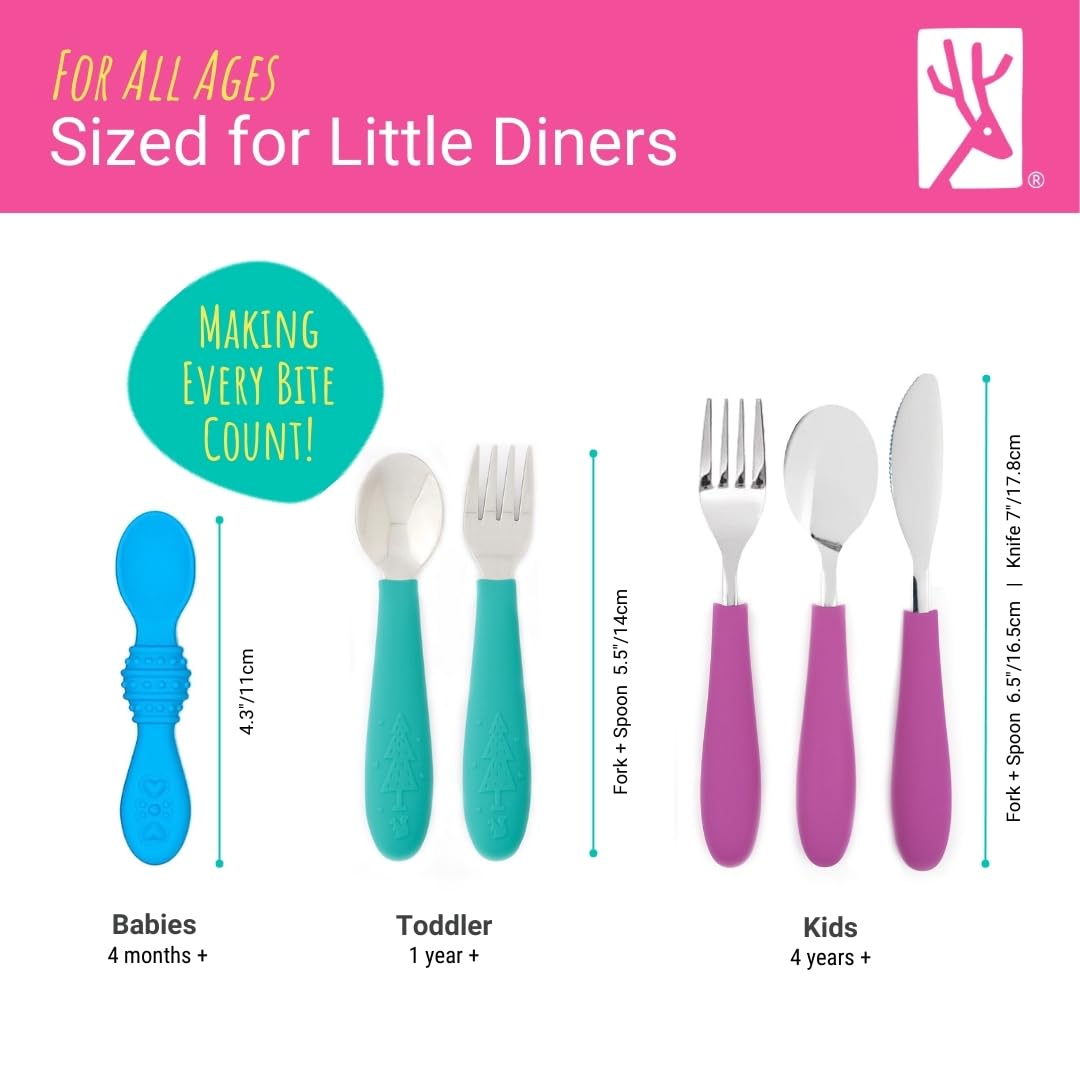 Kids Silverware with Silicone Handle | Childrens Safe Flatware | Toddler Utensils | Baby Spoons + Forks | Stainless Steel Cutlery