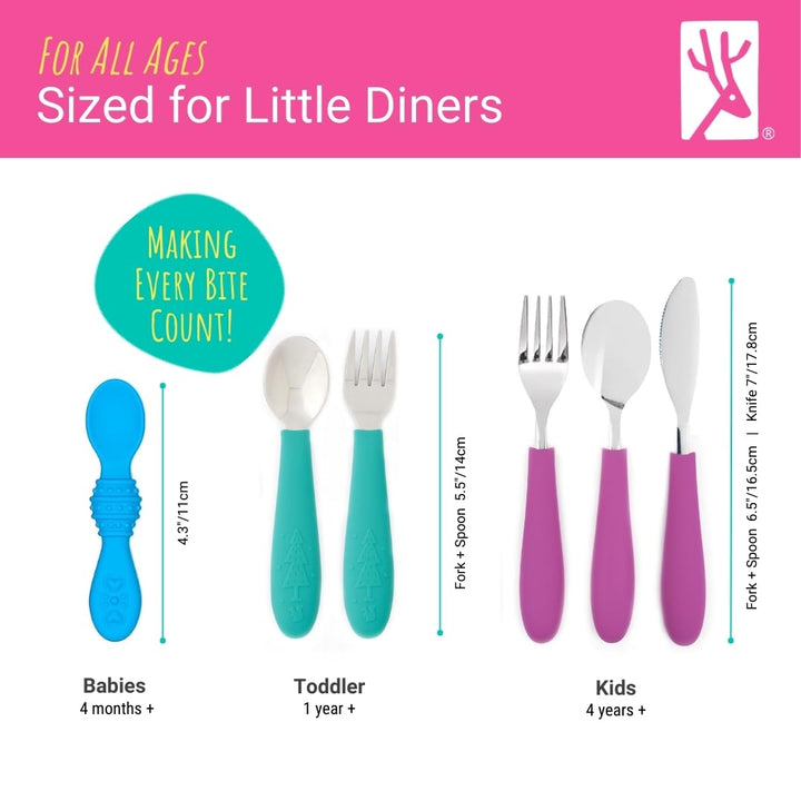 Kids Silverware with Silicone Handle | Childrens Safe Flatware | Toddler Utensils | Baby Spoons + Forks | Stainless Steel Cutlery