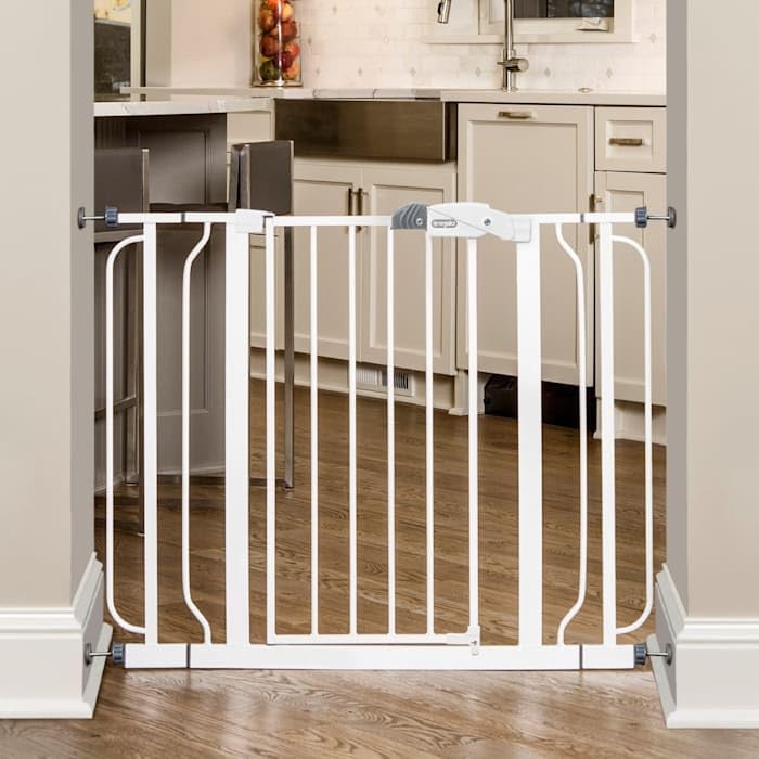 Easy Step Extra Wide Baby Gate, Includes 4-Inch and 4-Inch Extension Kits, 4 Pack of Pressure Mounts Kit and 4 Pack of Wall Mount Kit