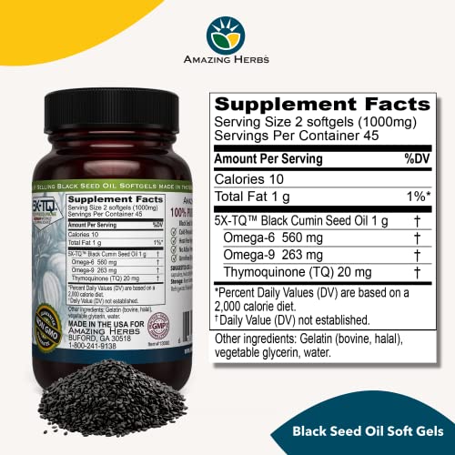Premium Black Seed Oil Capsules - Cold Pressed Nigella Sativa Aids in Digestive Health, Immune Support, Brain Function, Gluten Free, Non GMO - 90 Count, 500mg