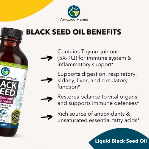 Premium Black Seed Oil - Cold Pressed Nigella Sativa Aids in Digestive Health, Immune Support, Brain Function, Joint Mobility, Gluten Free, Non GMO - 4 Fl Oz