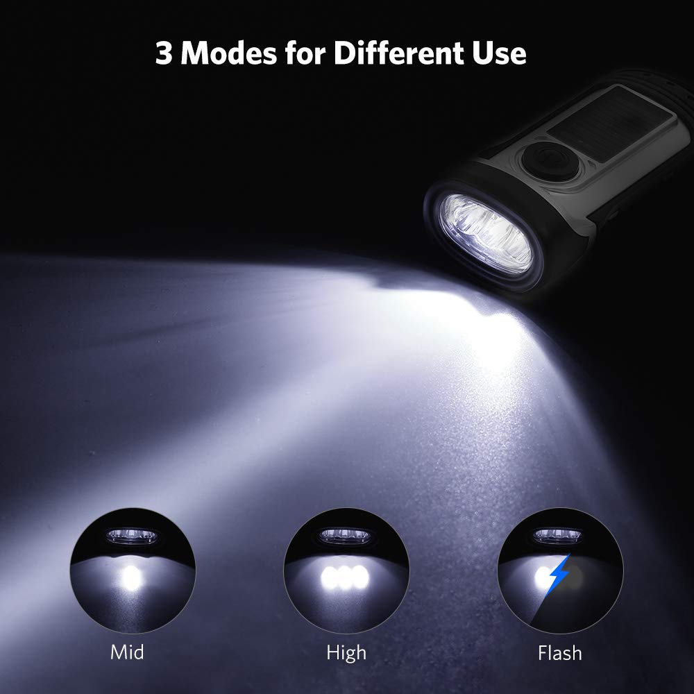 ThorFire Solar Flashlight Hand Crank Solar Powered Rechargeable Flashlight IPX6 Waterproof LED Emergency Lights Dynamo Torch Ideal for Camping Outdoor Climbing Backpack Hiking