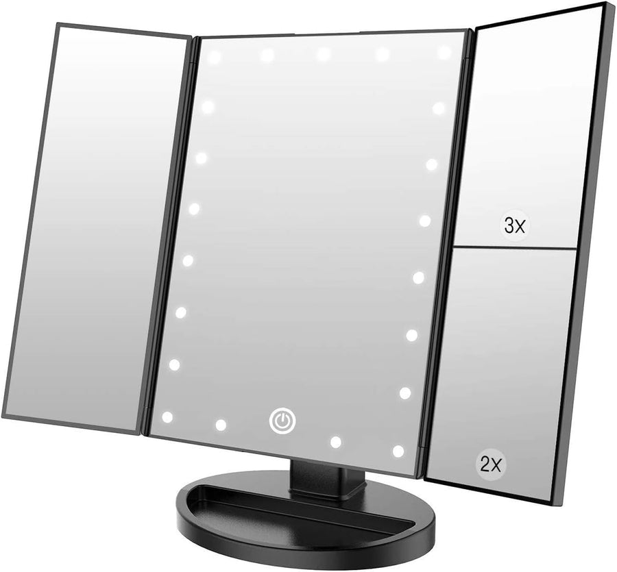 Lighted Vanity Makeup Mirror 1x/2x/3x Magnification Trifold with 21 LED Lights Touch Screen and USB Charging, 180 Degree Adjustable Stand for Countertop Cosmetic Makeup Mirror(Black)