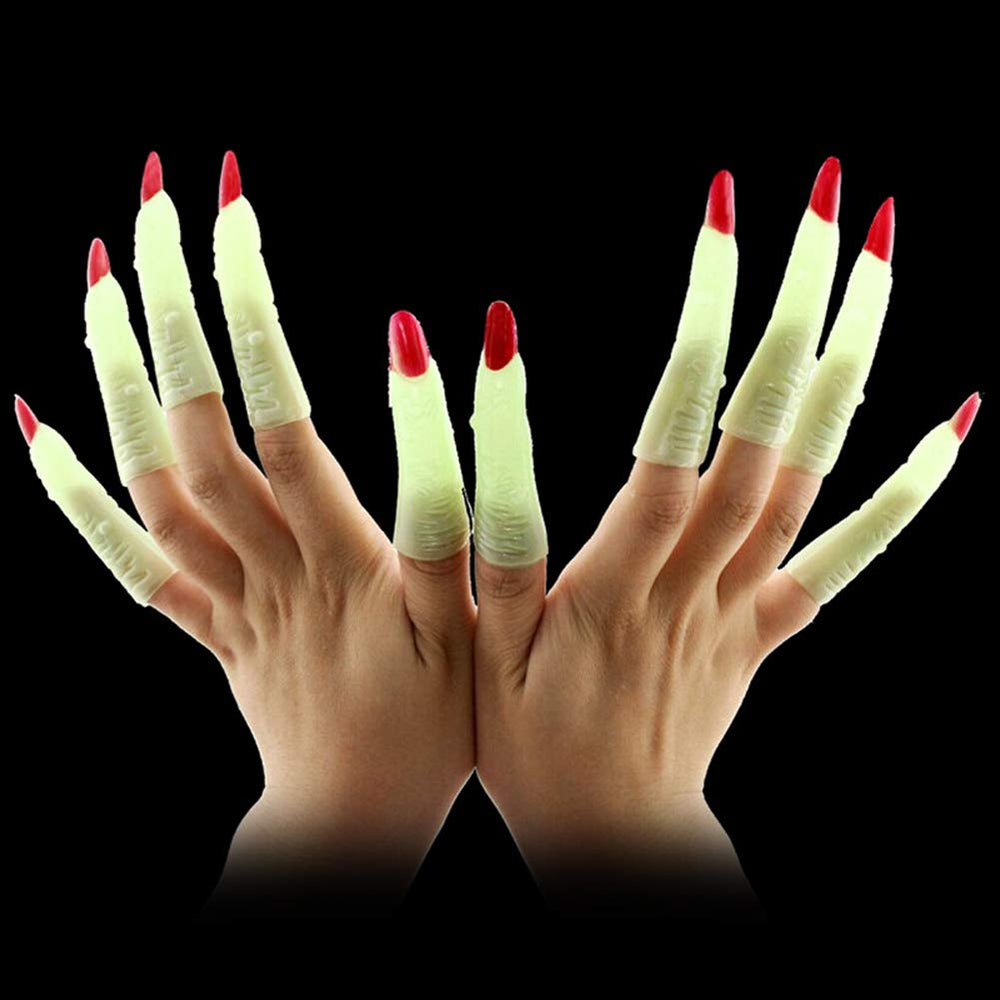 20Pcs Witch Fingers Nail Set Glow in the Dark Witch Fake Fingers Nail Trick Props for Halloween Costume Props Cosplay Party Costume Accessories