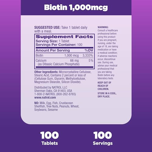 Beauty Biotin 1000mcg, Dietary Supplement for Healthy Hair, Skin, Nails and Energy Metabolism, 100 Tablets, 100 Day Supply