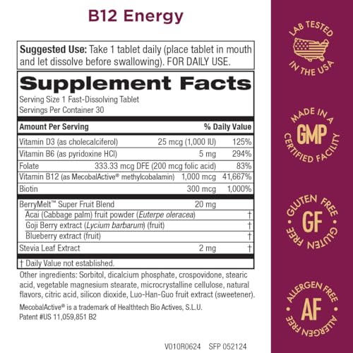 B-12 Energy Berry Lemonade Melt w/Super Fruits Methylcobalamin B12 - Vitamins B6, D3, Folic Acid and Biotin - High Absorption MecobalActive B 12-30 Melting Tablets
