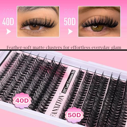 DIY Lash Extension Kit Volume Lash Clusters 40D+50D D Curvature Individual Lashes Lash Clusters Kit Thick Eyelash Extension Kit 280 pcs Thin Band Cluster Lashes Lash Bond and Seal Tweezers