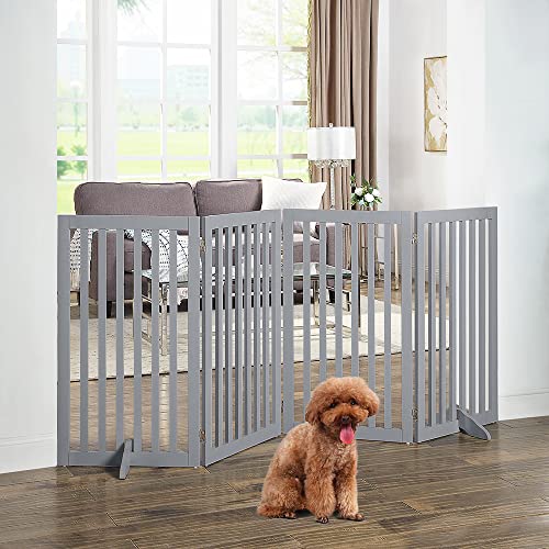 36”H Free Standing Pet Gate for Dog Cat, Tall Wooden Dog Gates for Doorway, Stairs, Foldable Pet Fence for The House, Expandable Dog Barrier, Indoor Use, Grey