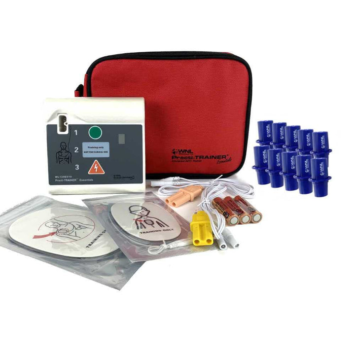 WL120ES10-ABUNDLE for Training use only AED Defribrillator Practi-Trainer Essentials Base with 10 Pack Practi-Valve Disposable CPR Training Valve Combo Kit