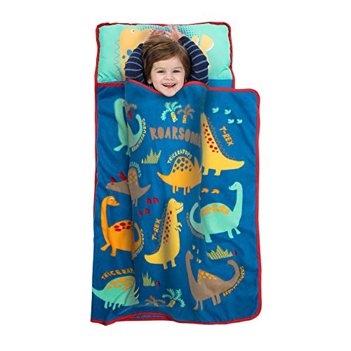 Funhouse Dinosaurs Kids Nap Mat Set – Includes Pillow and Fleece Blanket – Great for Boys Napping during Daycare or Preschool - Fits Toddlers, Blue