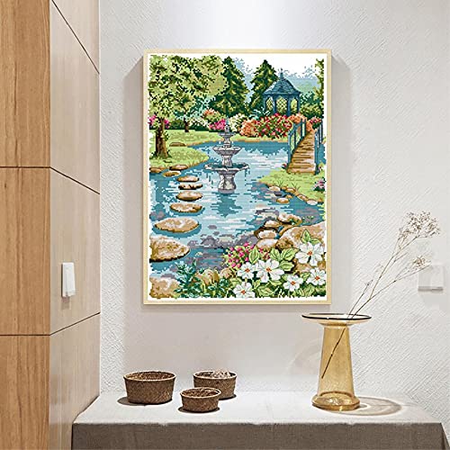 Cross Stitch Kits Stamped Full Range of Embroidery Starter Kits for Beginners DIY 11CT 3 Strands -Waterfront Garden (Printed) 16.5×21.7 inch