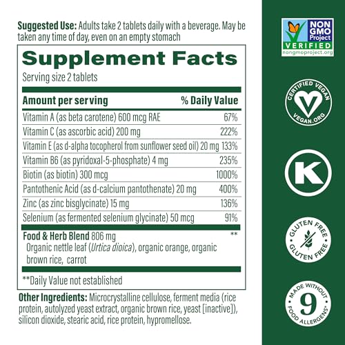 Skin, Nails & Hair 2 - Vitamins For Women & Men - Biotin, Vitamin A, Vitamin C, Zinc, Vitamin B6, Vitamin E, Pantothenic Acid - Vegan - Made Without 9 Food Allergens - 90 Tabs (45 Servings)