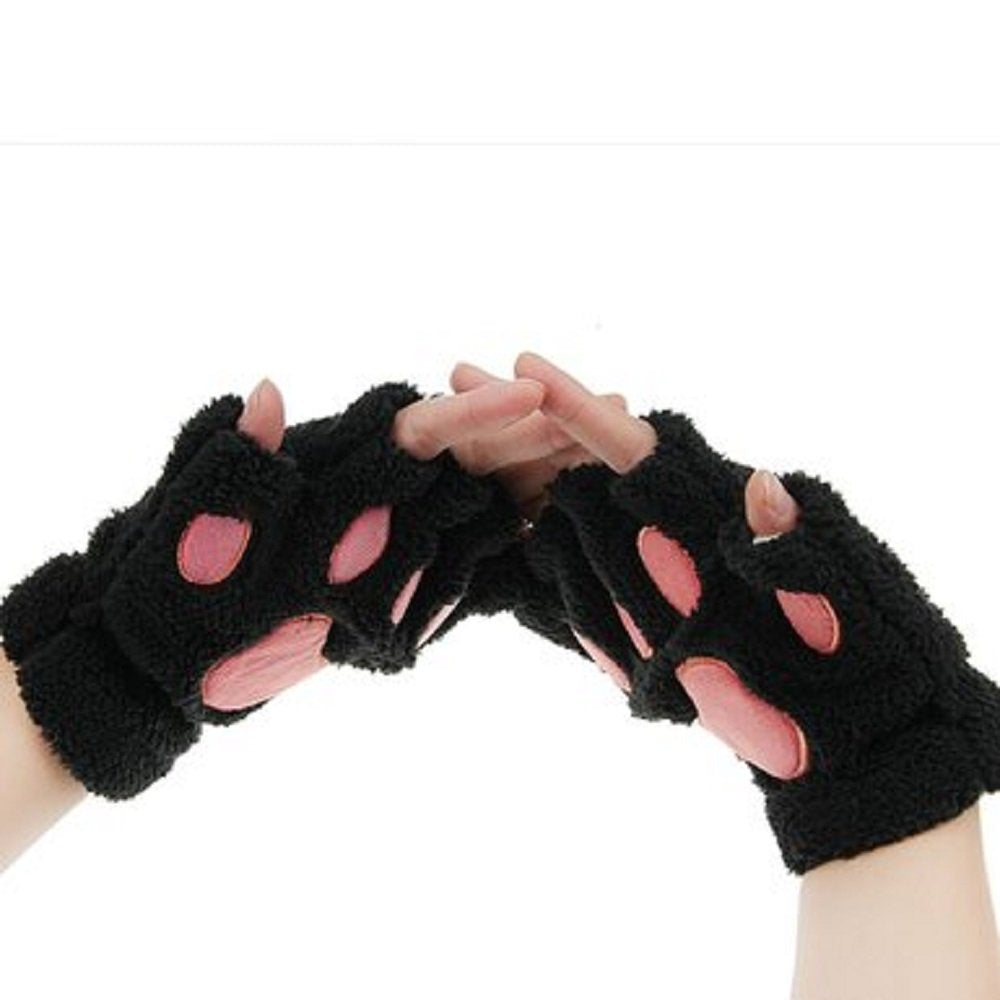 Cat Claw Bear Paw Fingerless Winter Plush Gloves 1*Pair(Black)