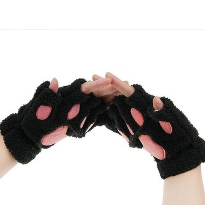 Cat Claw Bear Paw Fingerless Winter Plush Gloves 1*Pair(Black)
