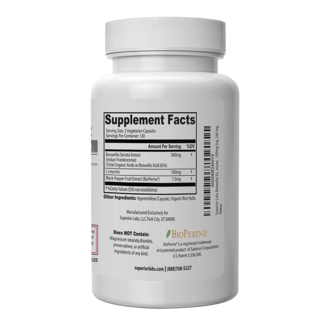 Boswellia Extract - Pure Non GMO Boswellic 65% Acids. Superior Absorption Zero Synthetic Additives - Powerful Formula Joint, Knees, HIPS, Immune, 500mg SVG, 240 Veg Capsules