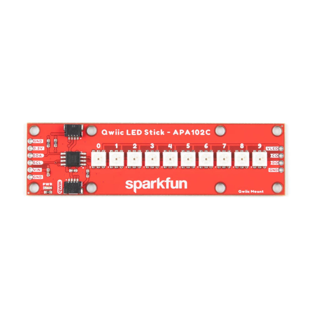 Qwiic LED Stick APA102C - Features 10x addressable APA102 LEDs Add Full Color LED Control Using I2C Includes Two Qwiic connectors Solderless Board Simply Plug and go