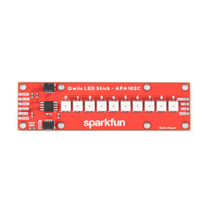 Qwiic LED Stick APA102C - Features 10x addressable APA102 LEDs Add Full Color LED Control Using I2C Includes Two Qwiic connectors Solderless Board Simply Plug and go