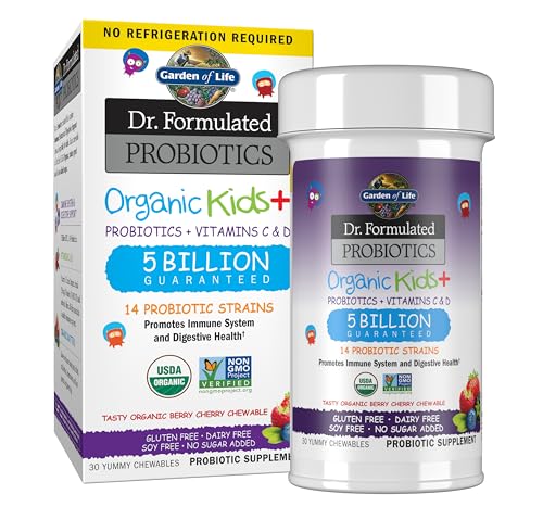 Dr. Formulated Probiotics Organic Kids+ Plus Vitamin C & D - Berry Cherry - Gluten, Dairy & Soy Free Immune & Digestive Health Supplement, No Added Sugar, 30 Chewables (Shelf Stable)