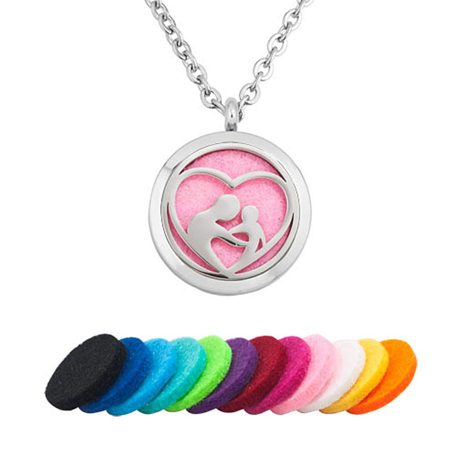 Mother And Child Essential Oil Diffuser Necklace I Love You To The Moon And Back Engraved Locket Aromatherapy Jewelry, 12 Refill Pads