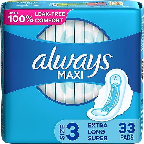 Maxi Feminine Pads for Women, Size 3 Extra Long Super Absorbency, with Wings, Unscented, 33 Count