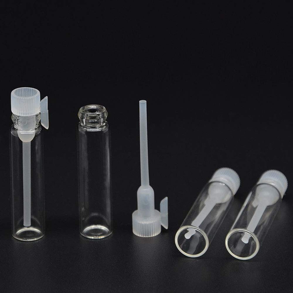 100 Pcs Empty Perfume Sample Bottles Mini Glass Refillable Sample Vial Containers with Clear Cap for Aromatherapy, Essential Oil, Fragrance and Liquid (1ml)