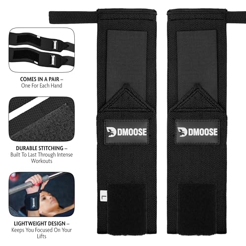 DMoose gym wrist straps for men 12 and 18 Inches Thumb Loops with Wrist Support for Workouts Powerlifting Wrist Straps for Weight Lifting Men and Women Black II
