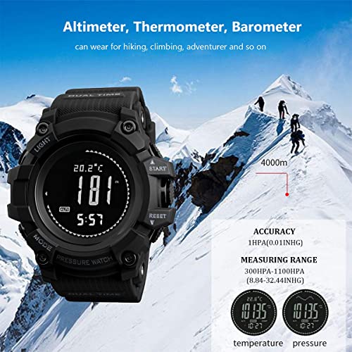 Watch Compass, Altimeter Barometer Thermometer Temperature, Pedometer ,WArmy Waterproof Outdoors Sport Digital Watch for Men, Black
