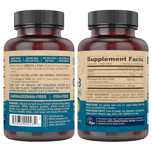 Vegan Omega-3 DHA Supplement, Once-Per-Day Softgel 200 MG, Carrageenan Free, Gelatin Free, Non-Fish, Algae Oil, Omega-3 Fatty Acids - 90 Softgels