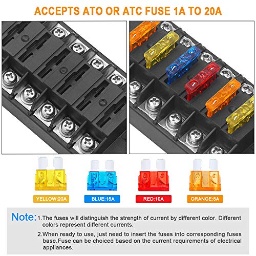 6 Way Fuse Block Blade Fuse Box with Negative Bus, 6 Circuit Fuse Holder Fuse Block w/Negative Bus, Waterproof Protection Cover Sticker Labels for 12V/24V Automotive Car Truck Boat Marine RV
