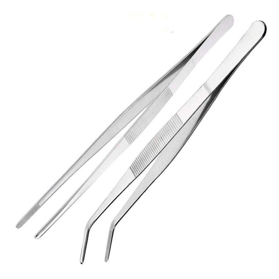 Kitchen Tweezers (12 Inch) Stainless Steel Tongs Set of 2 with Precision Serrated Tips for Cooking and Medical