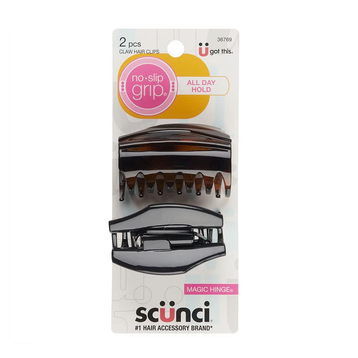 Scunci No-Slip Grip All Day Hold, Magic Hinge, Claw Hair Clip, Brown and Black, Packaging May Vary (Pack of 2)