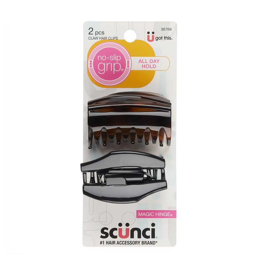 Scunci No-Slip Grip All Day Hold, Magic Hinge, Claw Hair Clip, Brown and Black, Packaging May Vary (Pack of 2)