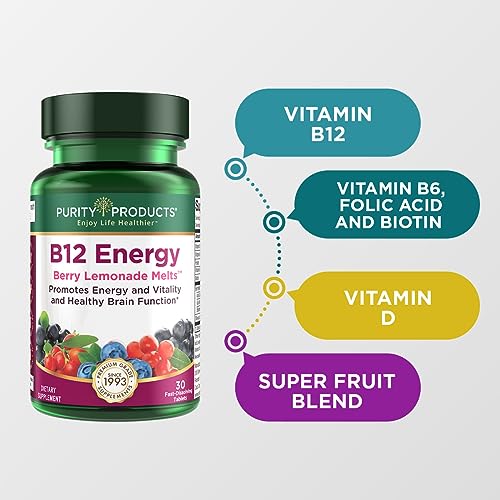 B-12 Energy Berry Lemonade Melt w/Super Fruits Methylcobalamin B12 - Vitamins B6, D3, Folic Acid and Biotin - High Absorption MecobalActive B 12-30 Melting Tablets