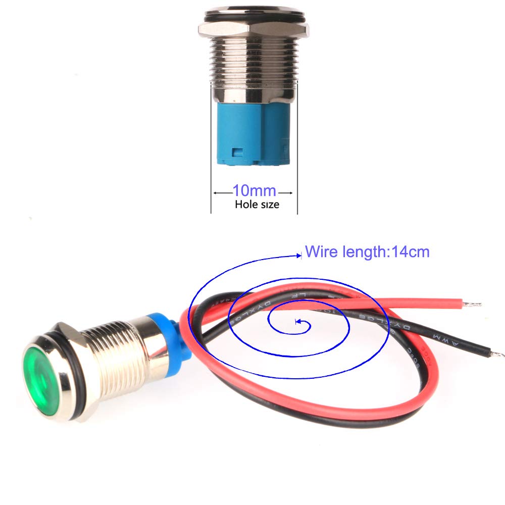 5pcs 10mm AC/DC 12-24V LED Metal Indicator Light Waterproof Signal Lamp Pilot Dash Directional Car Truck Boat with Wire